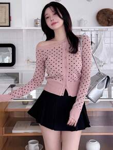 DAZY Polka Dot Cardigan For Women, Flattering & Versatile Long Sleeve Top Spring - Pink - View 8
