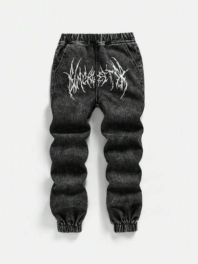Tween Boy Y2K Style Washed Black Gothic Print Elastic Waist Tapered Leg Jeans