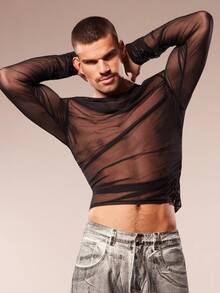 FeverCity Men's Sheer Mesh Crew Neck Sexy See-Through Party Long Sleeve T-Shirt Sheer Long Sleeve Top Men Sheer Top Mesh Men Top Mens Mesh Shirt - Black - View 5