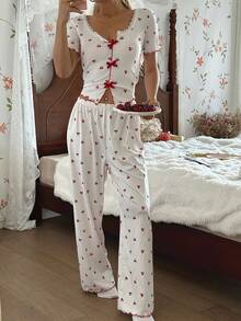 CottageSlumber Women's Colorblock Bow Decor Fruit & Cherry Print Knit Short Sleeve Pajama Set - White - View 3
