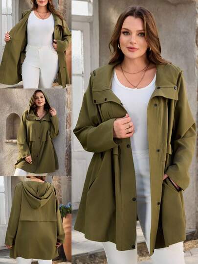 EMERY ROSE Plus Size Casual Solid Color Hooded Trench Coat, Autumn  Clothes/Summer/Spring/Vacation  Elegant Dress Women