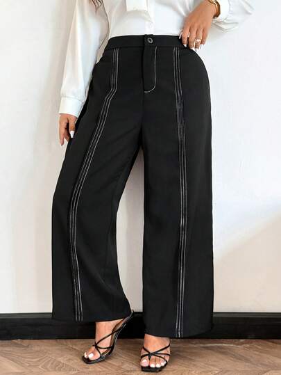 Elenzga 大码女士通勤撞色滚边装饰西装裤