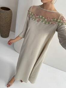 Yasmyna 女士花卉刺绣网纱拼接休闲宽松派对旅行长袖阿拉伯连衣裙 - 杏色 - 查看 4