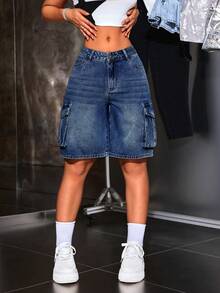 SHEIN ICON 大码水洗低腰休闲工装牛仔短裤 - 藍色 - 查看 6