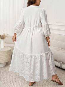 SHEIN LUNE 大码女式印花流苏系领灯笼袖优雅连衣裙 - 白色 - 查看 3