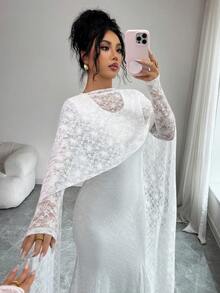 Modelyn 女士法式蕾丝拼接披肩领长裙 - 白色 - 查看 1