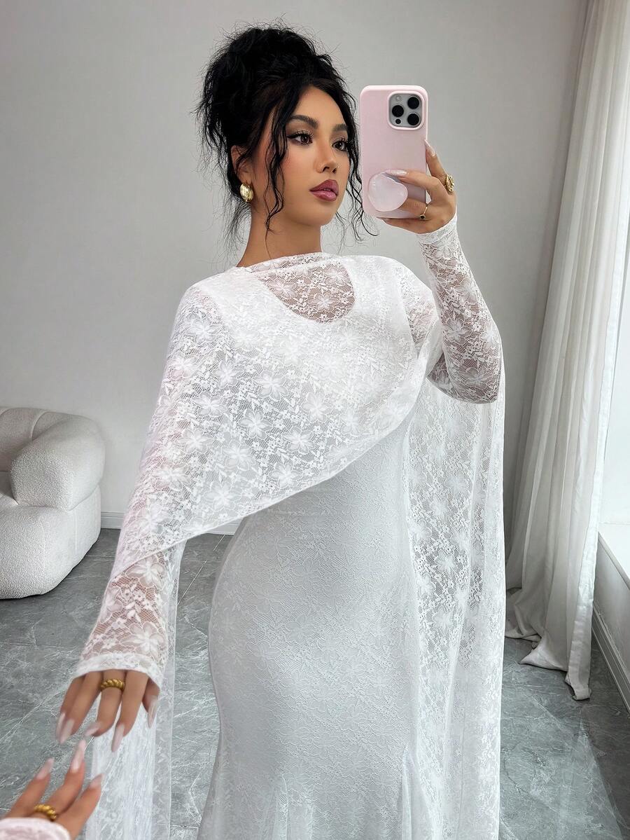 Modelyn 女士法式蕾丝拼接披肩领长裙 - 白色 - 查看 1