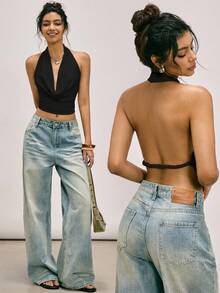 Easelle Black Knit Backless Halter Neck Camisole For Women, Suitable For Music Festivals, Spring/Summer Backless Shirts Backless Tops Open Back Tops Halter Neck Top - Black - View 1