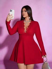 Viva Relle Valentine Plus Size Red Solid V-Neck Lace Trim Flare Hem Mini Dress - Burgundy - View 4