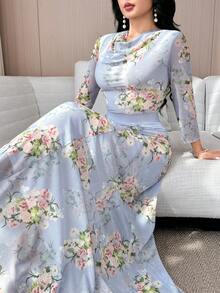 Feyla Bộ đồ 2 món thanh lịch dành cho nữ: Áo tay lửng cổ xếp ly in hoa và chân váy midi. - trắng - Xem 5