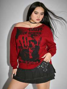 ROMWE Grunge Punk 大码女式骷髅扎染印花宽松不对称领复古音乐节派对毛衣