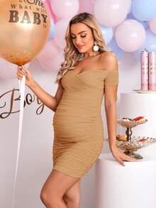 Loomaby Maternity Solid Color Off Shoulder Short Sleeve Ruched Fitted Fashionable Dress - Khaki - View 7