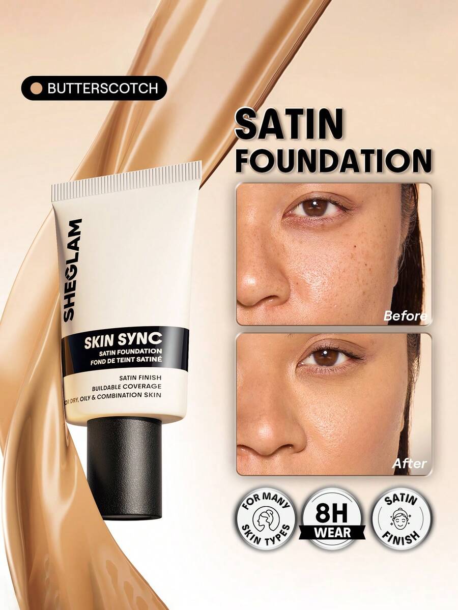 SHEGLAM Skin Sync Satin Foundation-Butterscotch Brand Beauty Makeup Face Paint Cosmetic For Women Girls Perfect For Winter Ideal For Y2K Fancy Fashion Suitable For Birthday Gift Party Ready Best Color