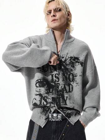 Street Life Cárdigan de punto con cuello alto, cierre de cremallera y estampado de ojos y letras para hombre