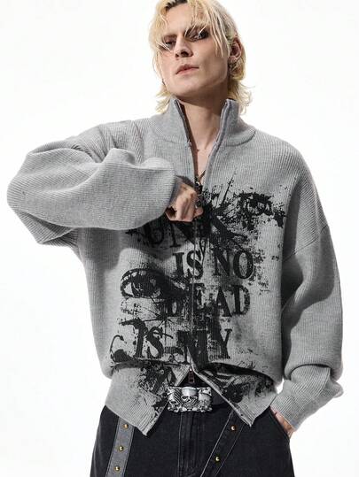 Street Life Cardigan tricoté à col montant, zip et imprimé œil et lettre, manches longues pour homme