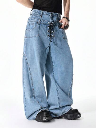 Street Life Men's Casual Washed Waist Tie Wide Leg Jeans