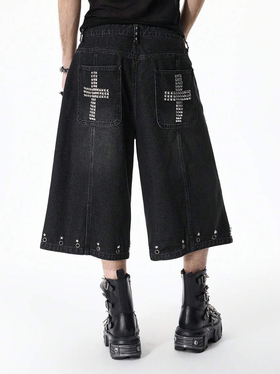 ROMWE MEN Street Life Men's Cross Patch Pocket Loose Fit Denim Shorts