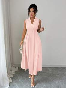 Elenzga 优雅休闲无袖翻领纽扣长连衣裙（女款） - 淺粉色 - 查看 4