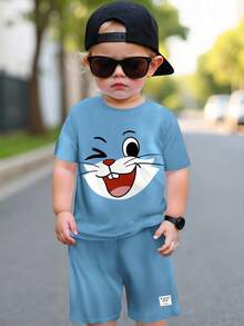 SHEIN Leap Crew 男童休闲卡通猫咪图案短袖短裤套装，适合夏季 - 霧霾藍 - 查看 2