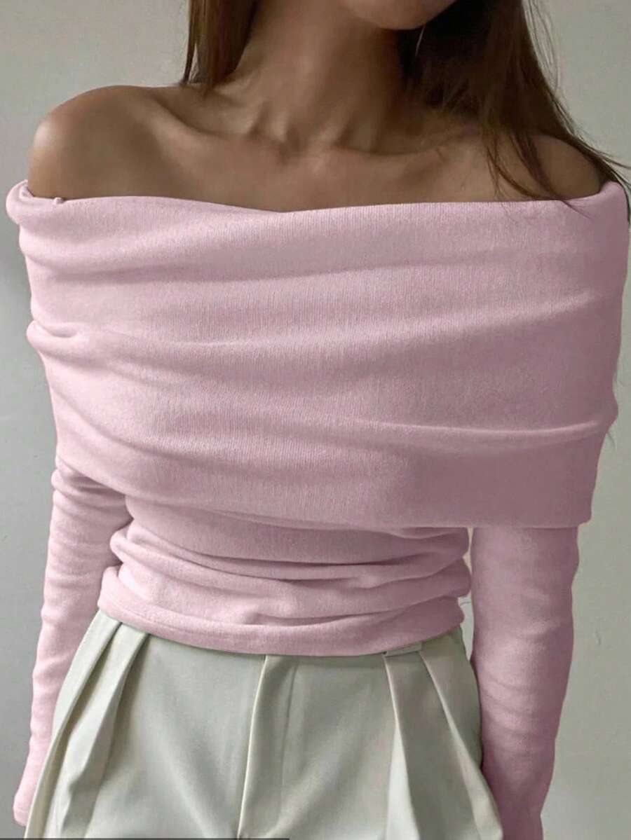 DAZY Women's Off Shoulder Fitted T-Shirt, Autumn/Winter New Arrival Long Sleeve - Baby Pink - View 1