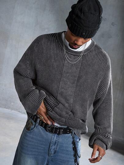 Herren Lässiger gewaschener Loose Fit Strickpullover mit Dropped Shoulder, Herbst/Winter