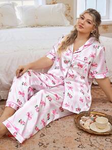 CottageSlumber Bộ đồ ngủ cỡ lớn bằng lụa giả in họa tiết hoa lãng mạn, nơ, ren và sọc. - Hồng - Xem 3