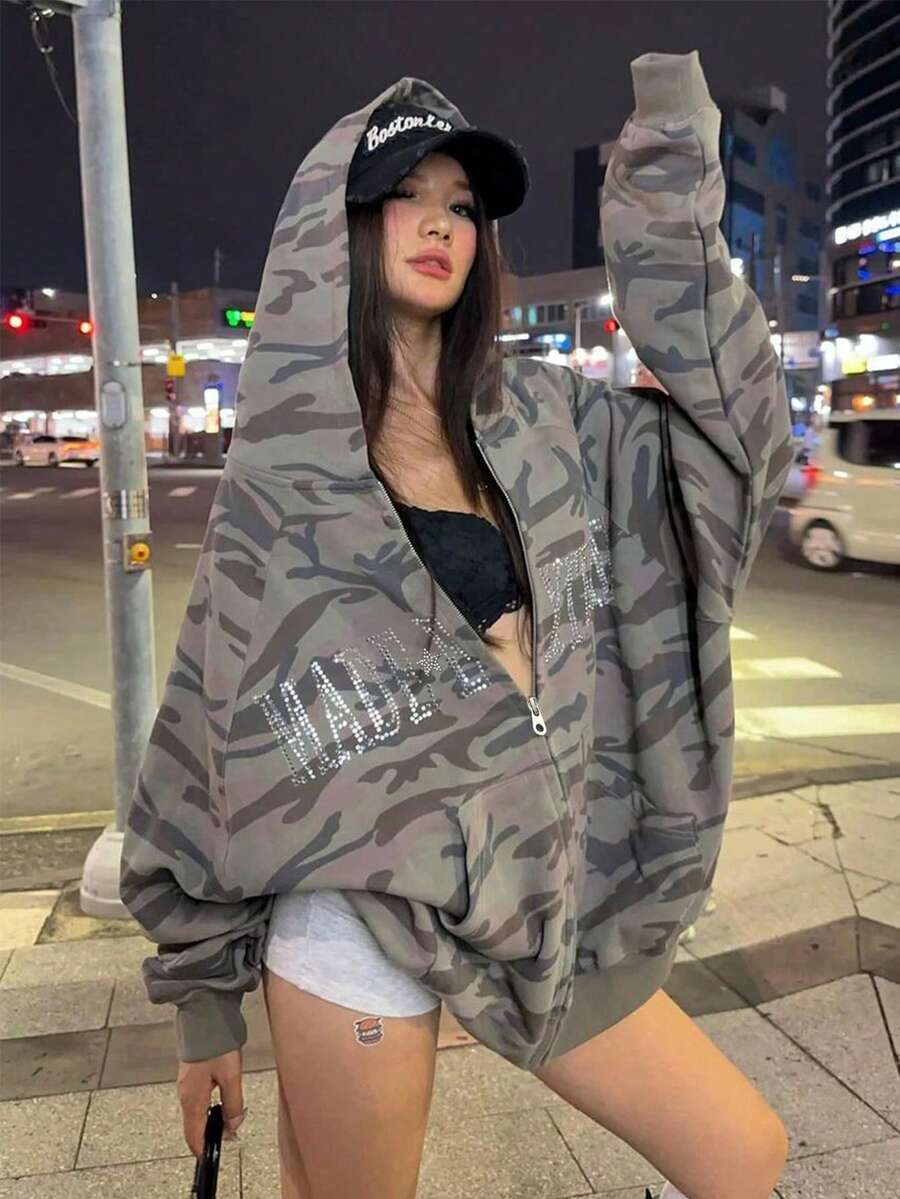 INAWLY Áo khoác trùm đầu họa tiết camo thường ngày dành cho nữ có túi và trang trí pha lê, dáng rộng, mùa xuân/hè - Nhiều màu - Xem 1