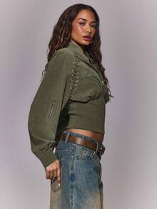 MUSERA Button Funnel Neck Detail Rib Cinched Waist Fitted Jacket Autumn Winter Fall Going Out Everyday Night Out Casual Cool Streetwear Washed - Olive Green - View 3