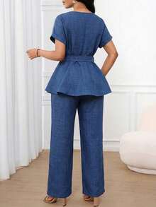 SHEIN Lady 女士纯色圆领短袖卷边收腰休闲简约两件套 - 藍色 - 查看 3