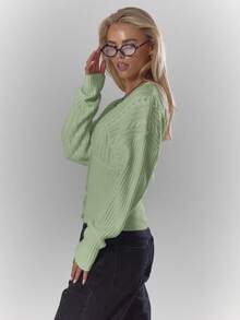 MUSERA V-Neck Cable Knit Cinched Waist Cardigan Cosy Cute Casual Coffee Club Winter Elegant Evening Party Spring - Mint Green - View 4