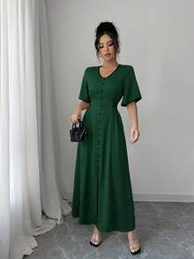 Elenzga Đầm maxi nữ thiết kế mới mùa xuân/hè màu mơ phối đen, cổ chữ V, tay bồng, thắt lưng buộc dây, eo rộng, dáng chữ A xẻ tà, phong cách thường ngày, đi nghỉ mát, thanh lịch cao cấp. - Màu xanh lá cây đậm - Xem 3