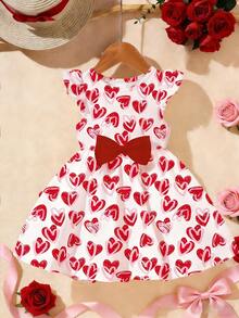 女婴红色爱心数码印花全身图案红色蝴蝶结装饰可爱荷叶袖A字连衣裙，休闲夏季套装，适合女婴日常穿着，女婴A字连衣裙，幼儿连衣裙 - 彩色 - 查看 5