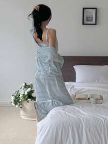 DAZY 3pcs Striped Cardigan Top, Lace Trim Camisole, And Long Pants Women Pajama Set - Blue and White - View 2