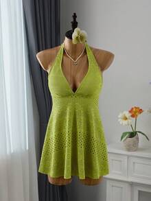 Bellisia Vestido de playa con escote halter bordado en verde, adecuado para vacaciones de primavera/verano - Verde - Ver 4