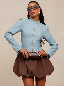 NYA SZN Dress Long Sleeve Pleated Zipper Detail Bubble Skirt Event Club Party Night Out Ibiza Holiday Gyaru Mini Length Fall Winter Statement Festival Carnival Outfits For Women - Multicolor - View 4