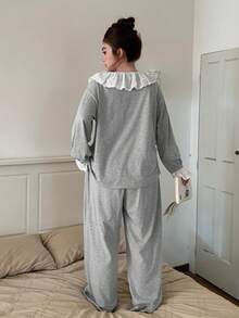Dazy Plus Conjunto de pijama de talla grande para mujer con top de manga larga holgado con cuello de volantes asimétrico y pantalón recto, para primavera/verano/otoño - Gris - Ver 7