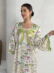 Yasmyna Women's Casual Loose Butterfly Print Party & Travel Arabic Flare Sleeve Dress - Blue - View 5