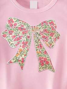 SHEIN Baby Girl Polyester Round Neck Short Sleeve Tee And Floral Pattern Pants Set For Vacation - Pink - View 6