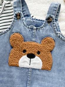 SHEIN Vintaside Kids Newborn Spring Casual Striped Round Neck Long Sleeve Top With Cute Bear Embroidery & Versatile Washable Denim Strap Jumpsuit - Blue - View 8