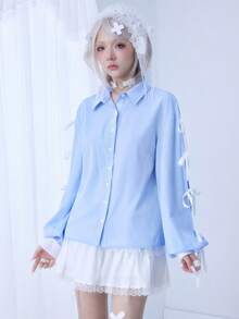 ROMWE EDITION Áo sơ mi dài tay kẻ sọc trang trí nơ dễ thương kiểu Kawaii dành cho nữ - Màu xanh lam - Xem 4
