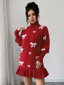 Elenzga Women's Elegant Turtleneck Bowknot Jacquard Tassel Hem Long Sleeve Sweater Dress, Autumn/Winter - Red - View 7