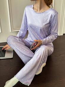 Dream Adore Heart Textured Casual Thermal Long Sleeve & Pants Women Pajama Set - Purple - View 1