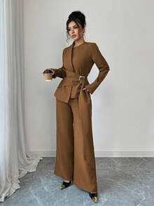 Elenzga 女士优雅通勤纯色束腰上衣和裤子两件套 - 棕色 - 查看 3