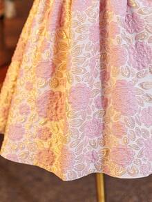 Glamorique Kids 小女孩派对花童礼服，优雅浅粉色提花方领泡泡袖蓬蓬裙甜美公主裙