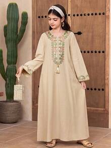 SHEIN Áo choàng dáng rộng cổ chữ V, chất liệu kim loại, có tua rua, thích hợp cho bé gái tuổi teen. - màu xanh lá - Xem 4