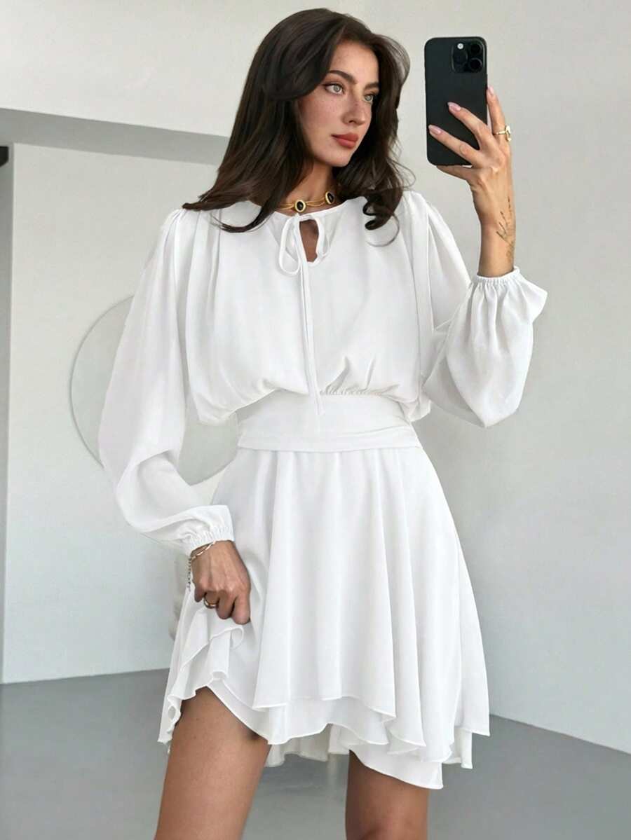 Aloruh Váy mini tay dài buộc dây viền bèo nhún màu tím mận lãng mạn cho ngày hẹn hò/lễ hội âm nhạc dành cho nữ - trắng - Xem 1