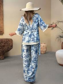 EURMUSE 女士蓝色花卉和服高腰裤套装 – 七分袖，宽松版型，粘胶纤维面料，优雅度假套装 - 藍白色 - 查看 2