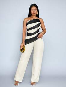 SOLERSUN 女士优雅新款度假风撞色不对称下摆上衣搭配带口袋阔腿裤两件套，适合度假和通勤穿着，日常两件套搭配。 - 杏色 - 查看 4