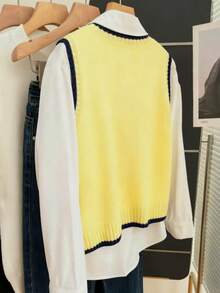 Resyla 女士常规宽松圆领骑士图案休闲针织背心 - 黃色 - 查看 2