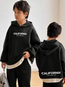SHEIN 青少年男孩休闲韩版宽松字母印花长袖连帽衫和松紧腰裤套装，适合秋季/春季、户外玩耍、学校、街头风格、派对和休闲 - 黑色 - 查看 2